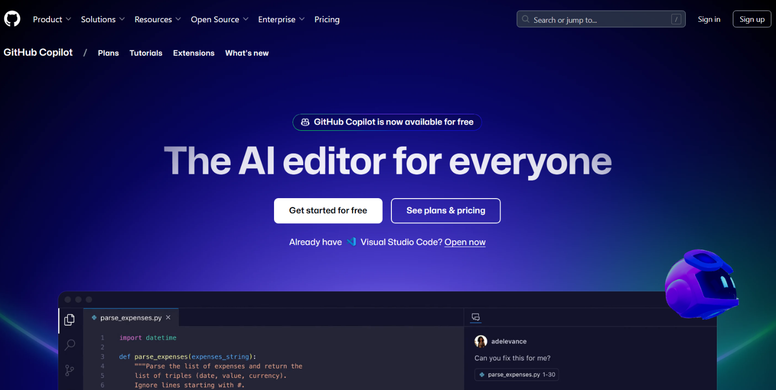 GitHub Copilot Screenshot – Best AI Coding Assistant for Developers and Programmers.