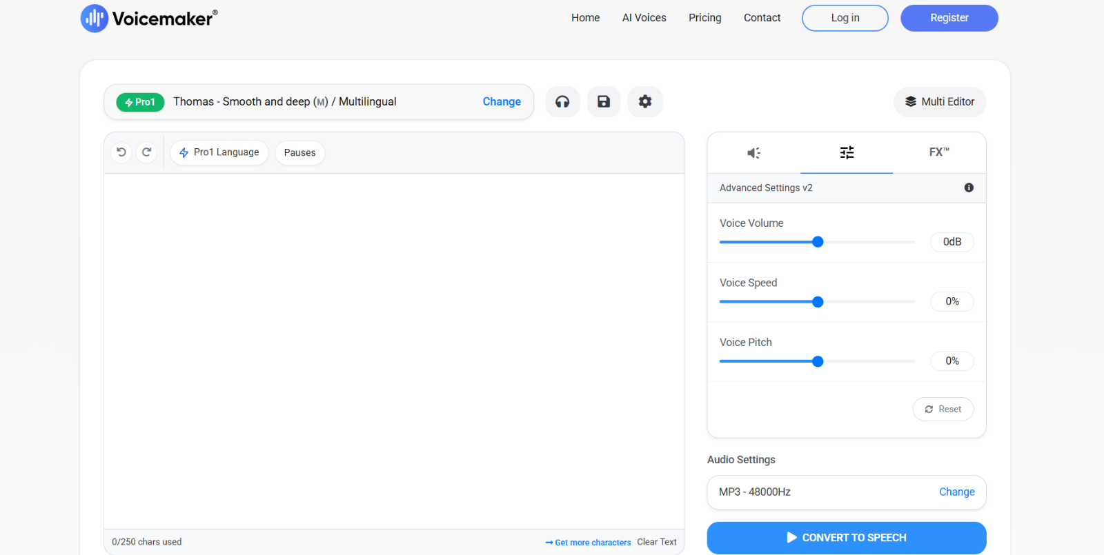 Voicemaker interface with voice settings and language selection