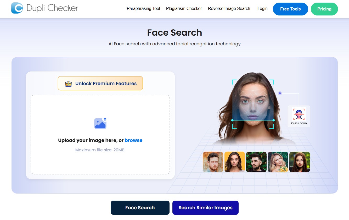 DupliChecker Face Search interface showing upload option for reverse facial recognition