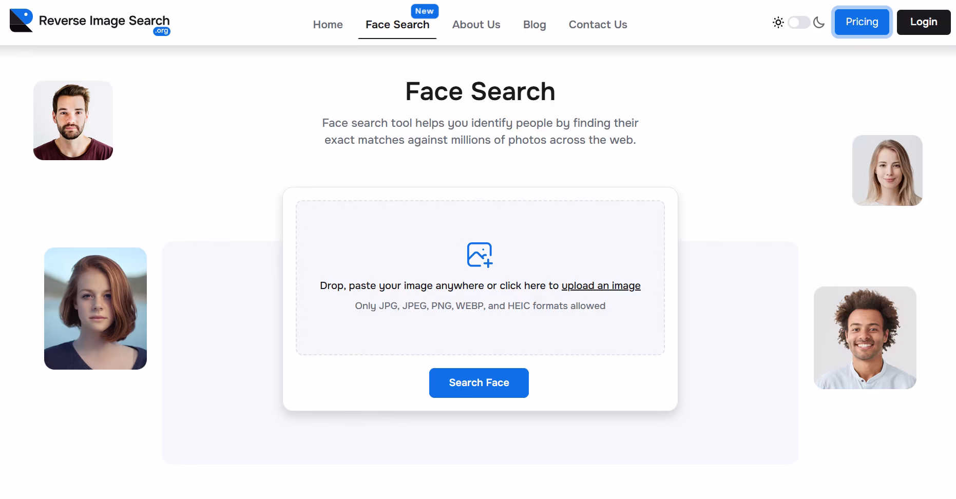 Screenshot of ReverseImageSearch.org Face Search tool where users can upload an image to find online matches