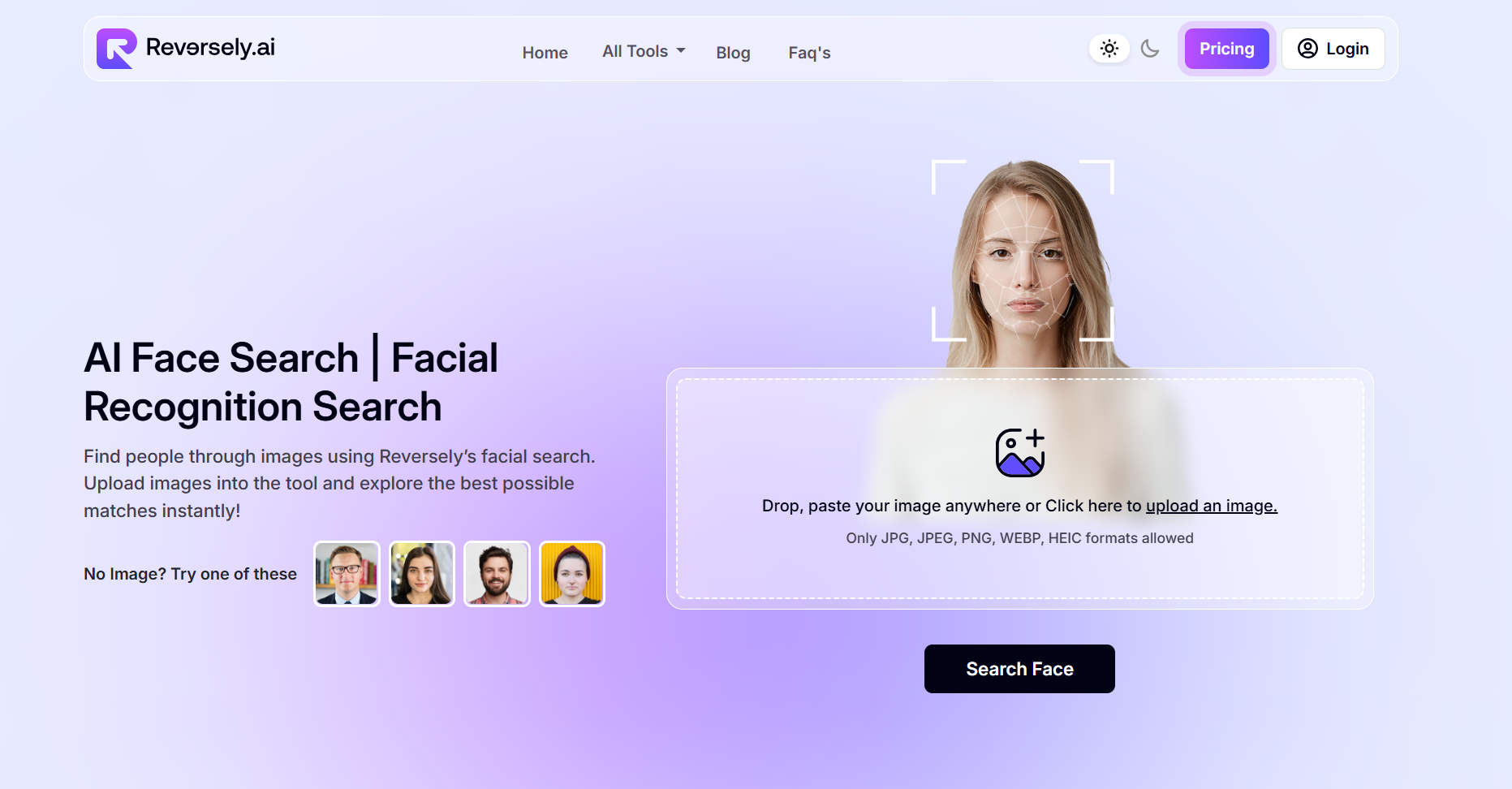 Reversely.ai Face Search interface with photo upload option