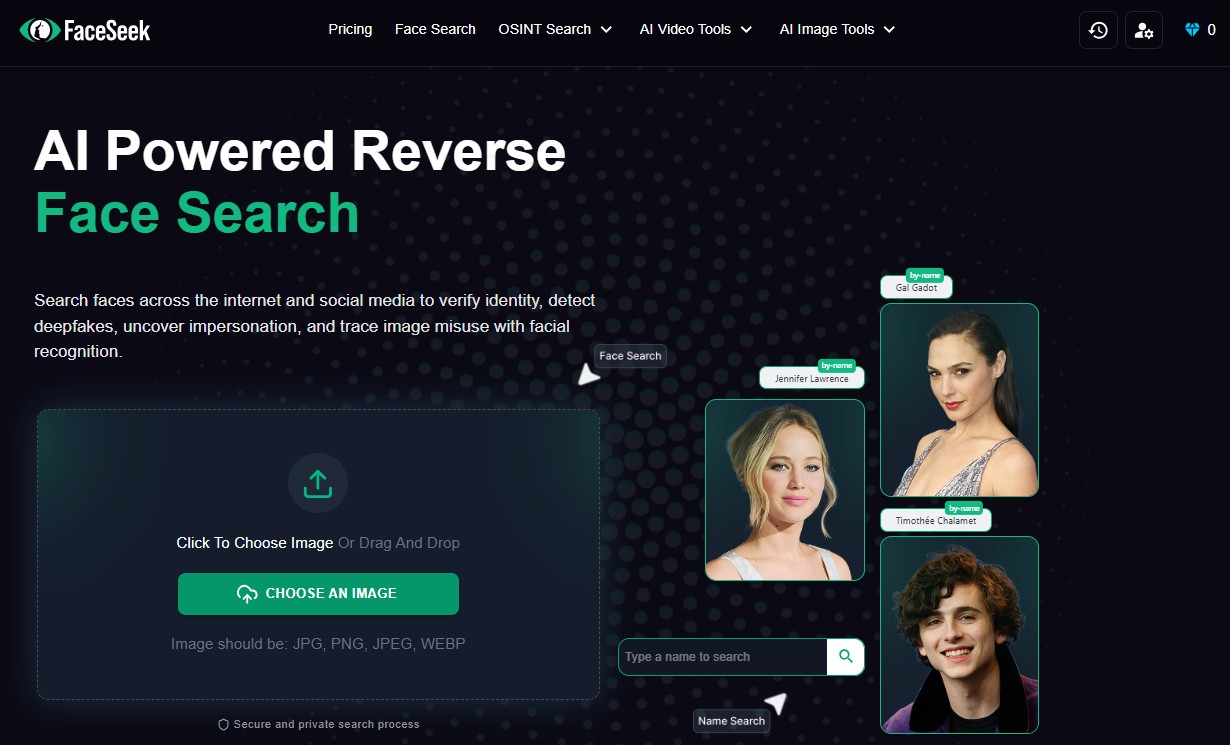Screenshot of FaceOnLive Face Search tool showing upload field for online facial recognition results